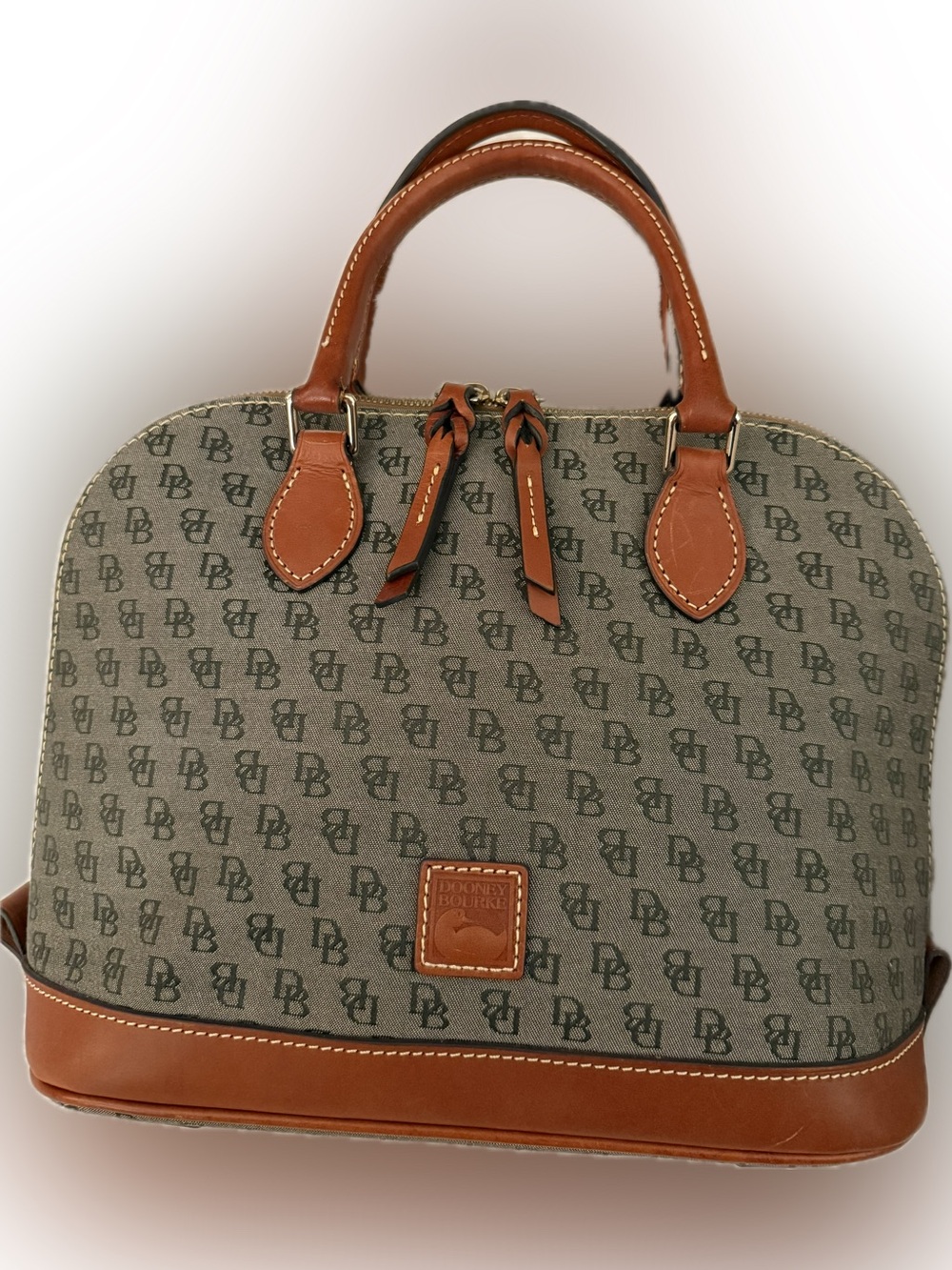 Dooney & Bourke Brown/Green Monogram Dome Zip Zip Satchel EUC